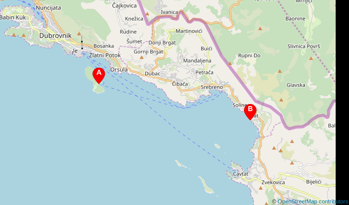 Map of ferry route between Lokrum (Portoc Bay) and Plat